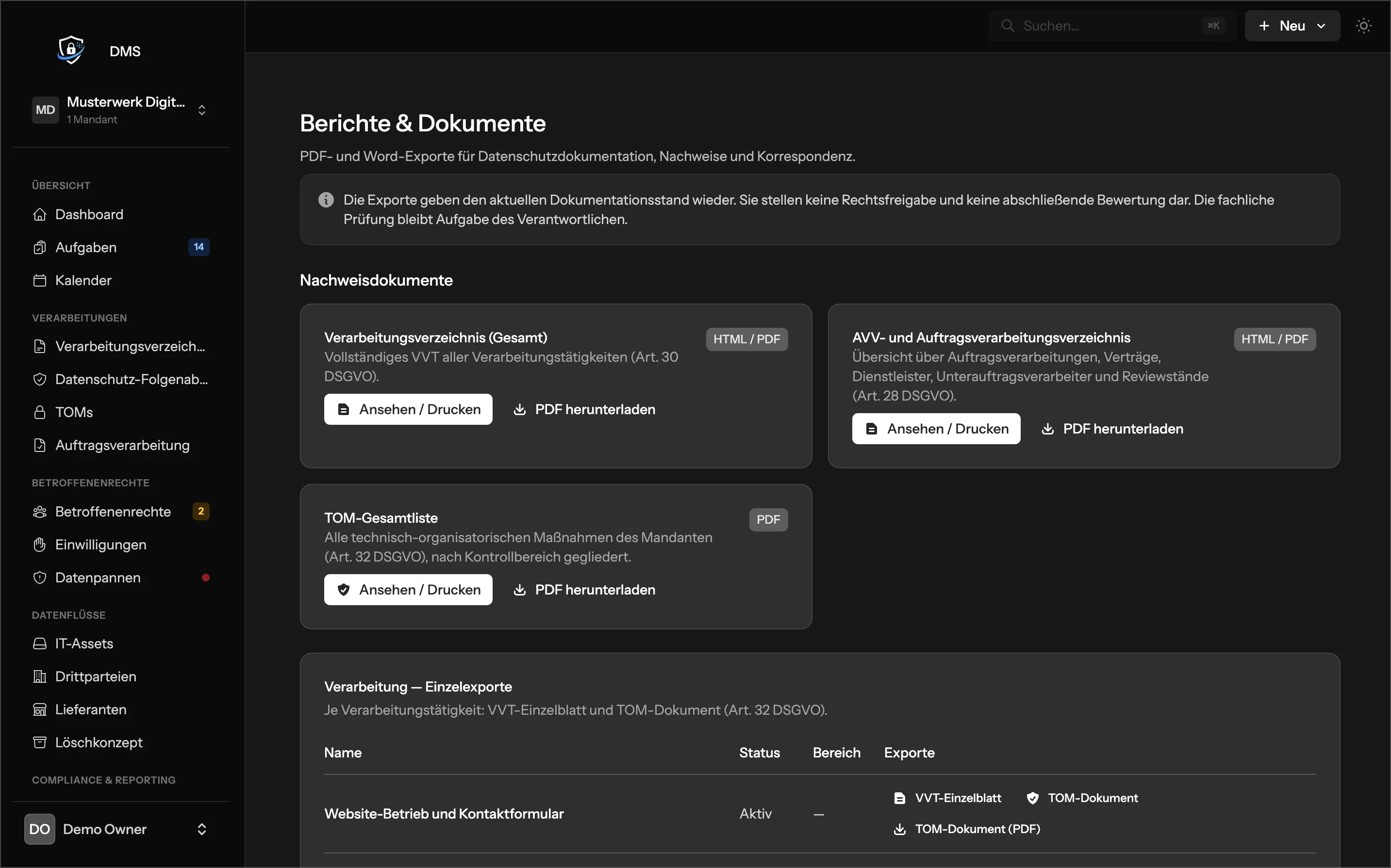 Demo-Ansicht der DMS-Berichtszentrale mit fiktiven Daten